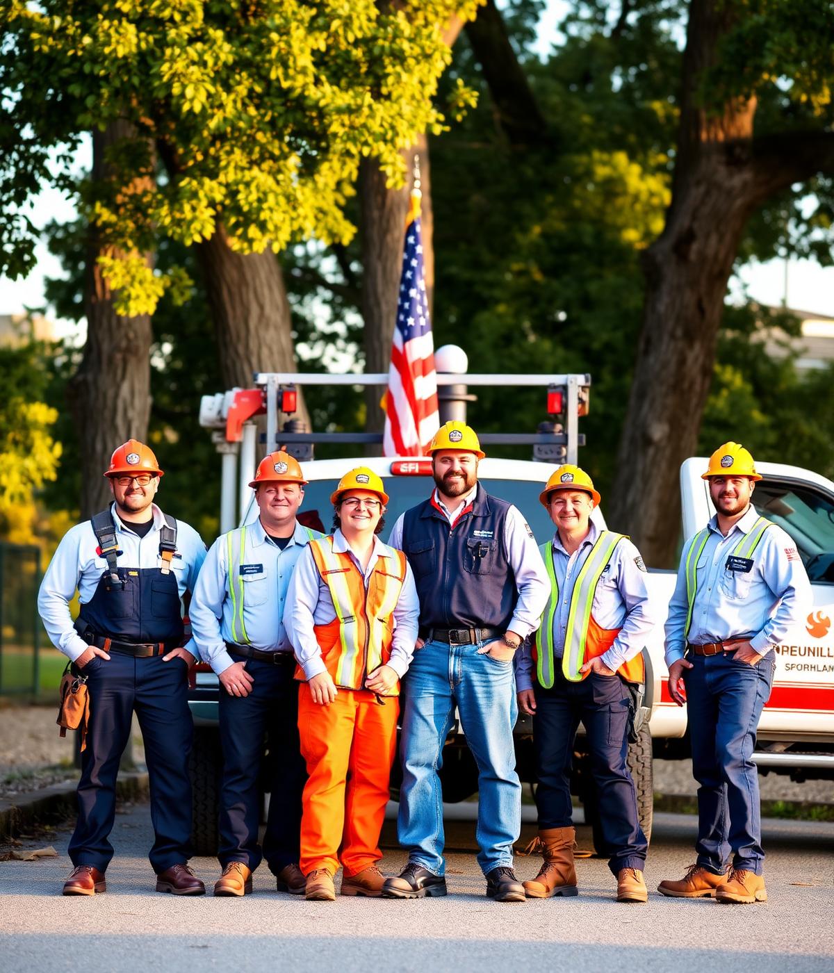 Semper Fi service crew in front of company truck with American flag