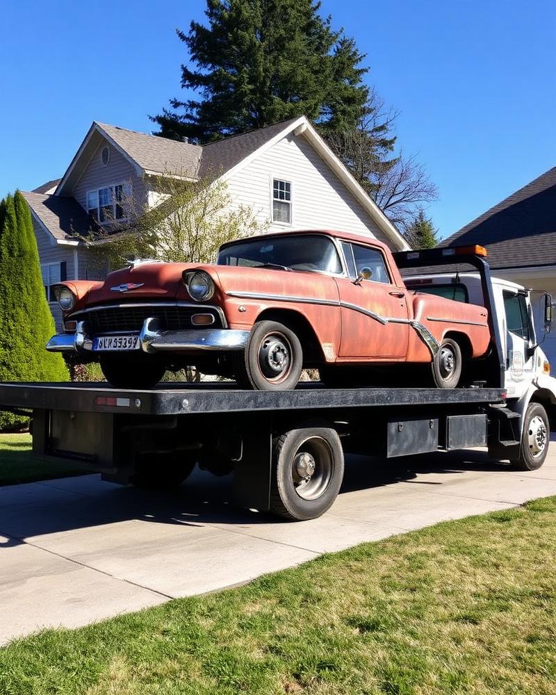 Tow truck removing an old junk car from a driveway