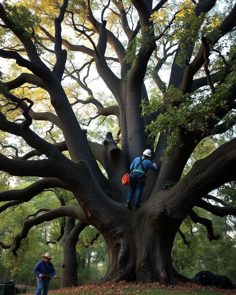Arborist trimming a massive oak tree